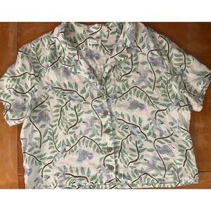 Cynthia Rowley 100% Linen Bird Tropical White Top Women's XL